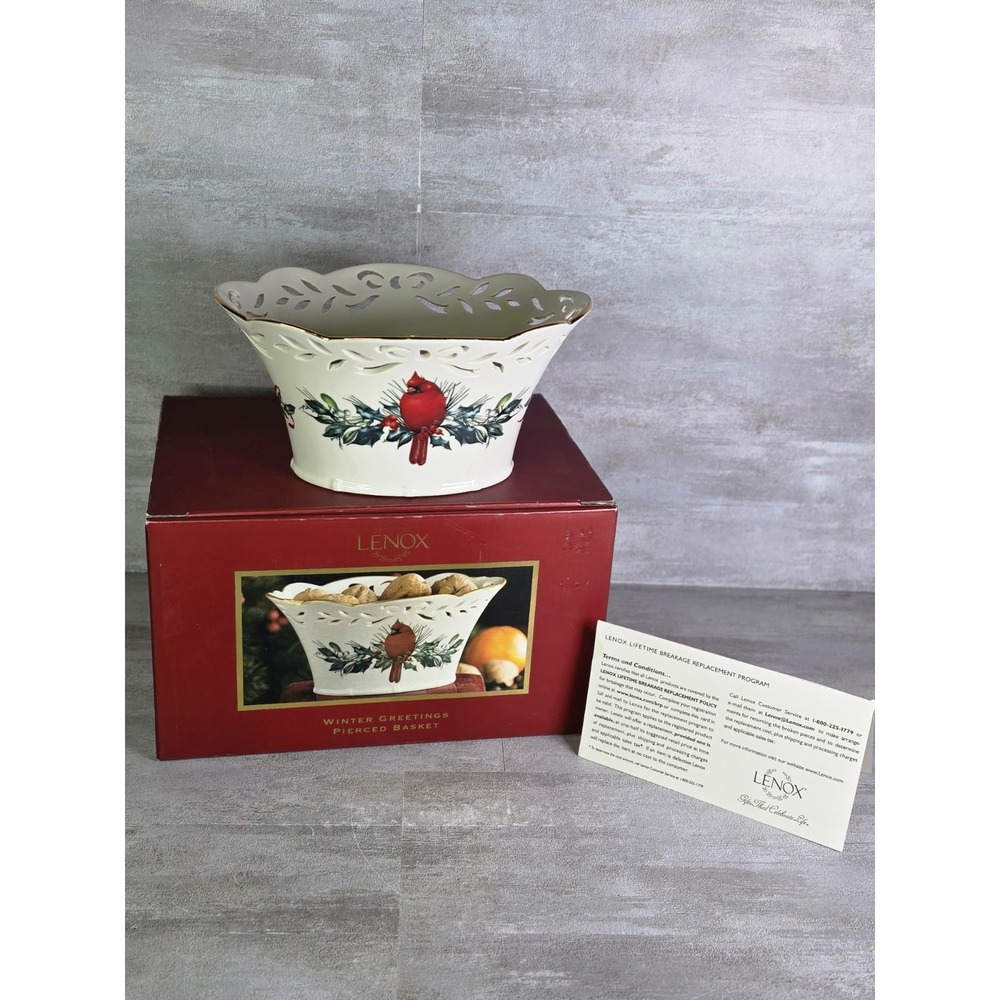 Lenox Fine China Winter Greetings Pierced Small Bowl Red Cardinal & Holly Berry